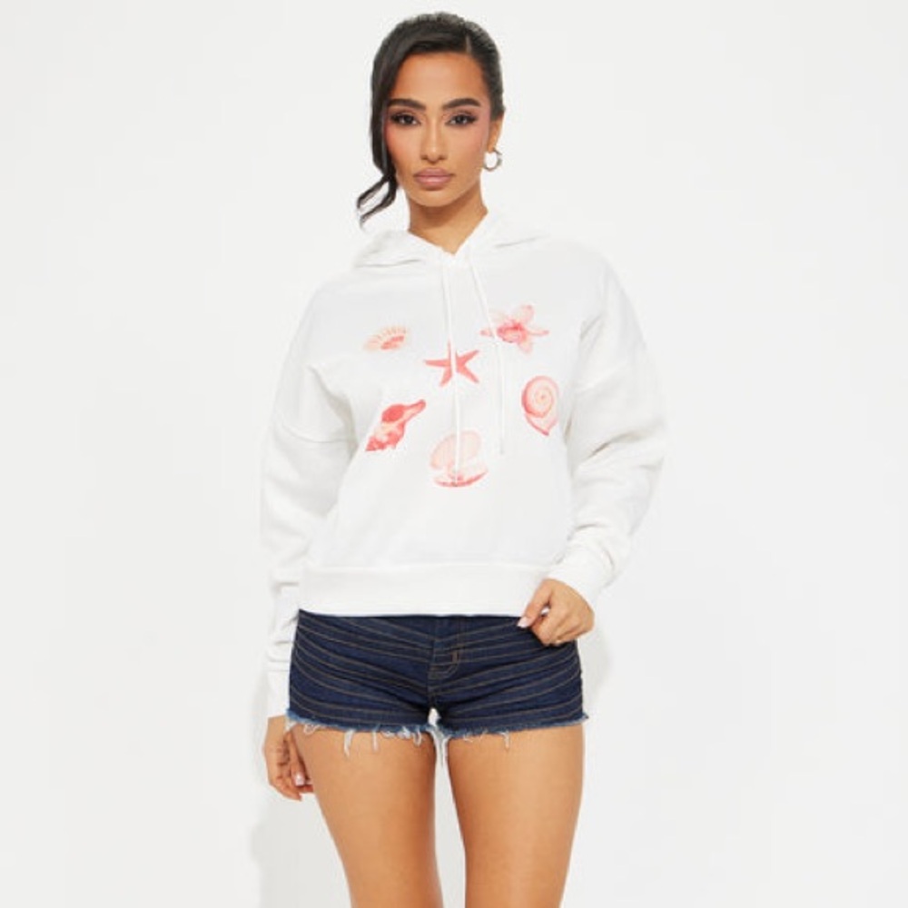 New Fashion Nova Sunkissed Shores Hoodie - Ivory White Graphic Size Medium
